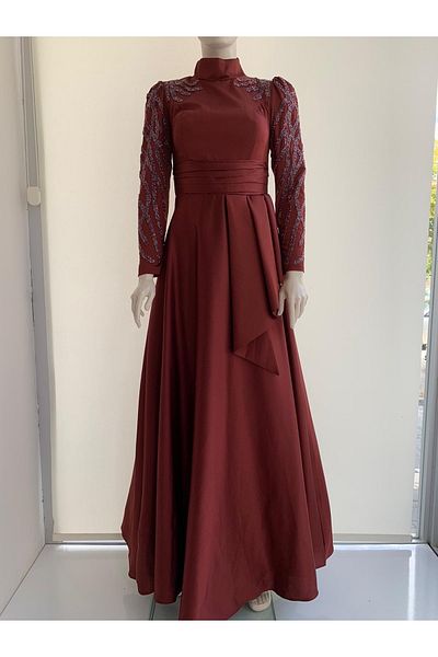 Hennin Βραδινό φόρεμα Nisaca Pearl Satin Hijab με χάντρες