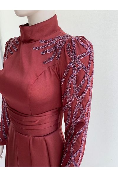 Hennin Βραδινό φόρεμα Nisaca Pearl Satin Hijab με χάντρες