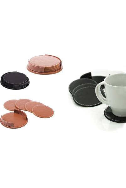 TRAMVAY SHOP Set of 4 Faux Leather Coasters (Black)