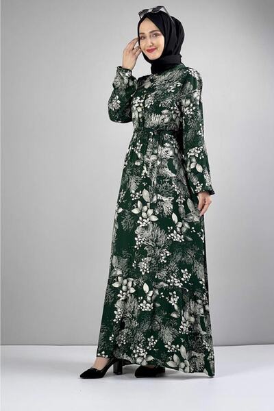 SGS Fashion Stripe Belted Patterned Hijab Dress Emerald