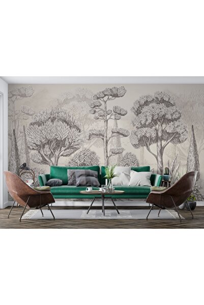 LOTUS AURA Kara Kalem Tasarımlı Siyah Beyaz Orman Duvar Kağıdı, Kara Kalem Çi...