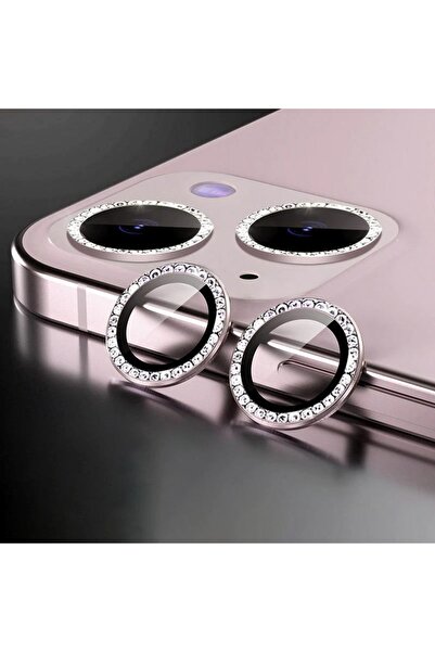 BİNANO Iphone 11/12/12 Mini Taşlı Pembe Kamera Koruyucu