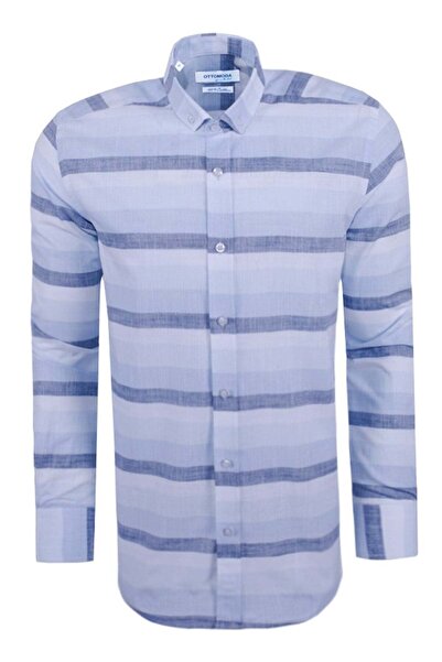 Ottomoda Erkek Mavi Çizgili Uzun Kollu Yarı Slim Pamuklu Gömlek,ot-c-20016