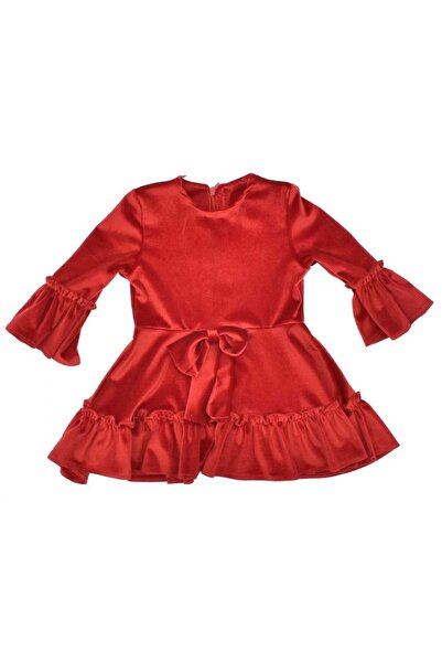 feyzamavm فستان بناتي مخملي أحمر بفيونكة