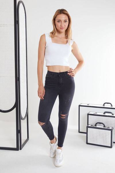 SHEVEGA Blugi skinny negri din lycra rupti la genunchi Blugi skinny (slim fit).