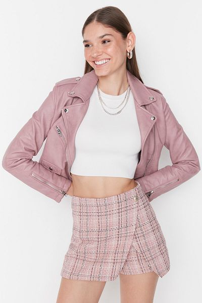 Trendyol Collection Rosafarbener, hoch taillierter, gewebter Shorts-Rock aus Tweed TWOAW23SR00029