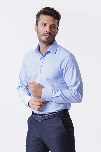 Ottomoda Erkek Açık Mavi Armürlü Uzun Kollu %100 Pamuklu Gömlek,ot-c-20075