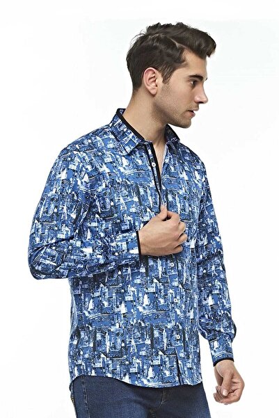 Ottomoda Erkek Desenli Lacivert Uzun Kollu Pamuklu Regular Gömlek, C-20089