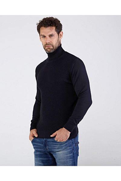 Çizgi Triko Ανδρικά πλεκτά βαμβακερά πλεκτά Fisherman Navy Blue πουλόβερ με μοτίβο μανίκια και μέση ελαστική κανονική
