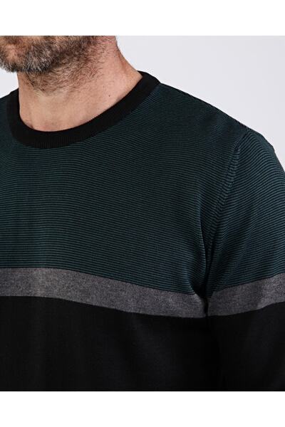 Çizgi Triko Ανδρικό πλεκτό βαμβακερό λαιμόκοψη μαύρο πουλόβερ με σχέδιο κανονική εφαρμογή με ελαστικά μανίκια και μέση