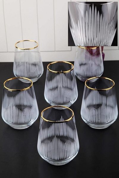 P H Panayır Home Pasabahce Gold Gilded Cut Glass Water Glass 425 Cc Set for 6 People Striped Lal