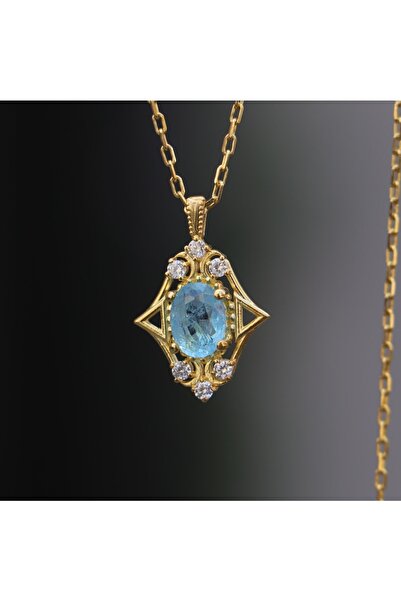 Moko Art Design Oval Kesim Akuamarin Paraiba Ve Mozanit Taşlı 925 Gümüş Altın Kaplama Kolye