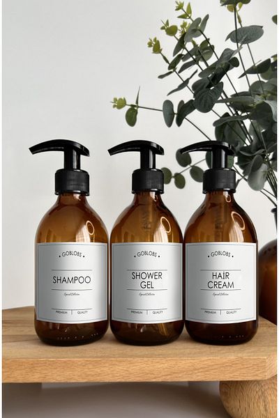 GO BLOBS Set of 3 300ml Amber Bottle Shampoo & Shower Gel & Hair Cream White
