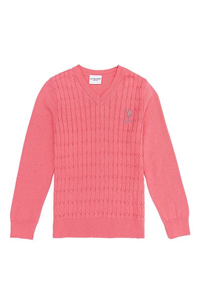 U.S. Polo Assn. سترة بناتي وردية سادة برقبة على شكل حرف V Td02-kids-bsk22