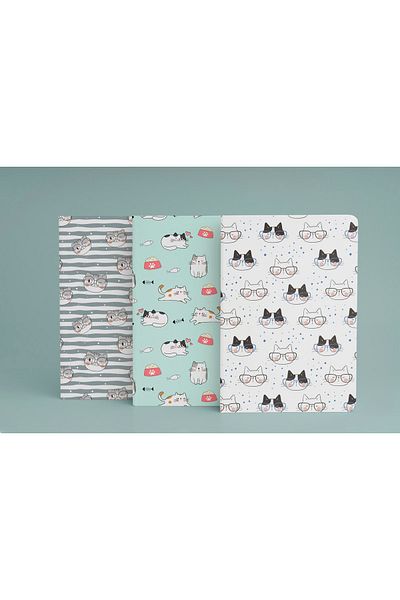 daystore Set de 3 caiete cu tematică pisici - A5 - cu rigle - 13x21 cm - 64 pagini