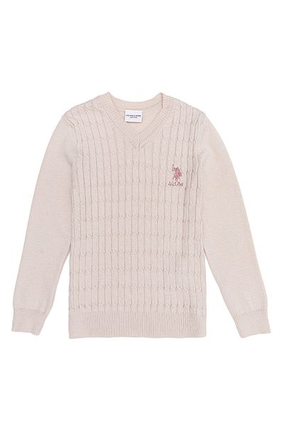 U.S. Polo Assn. Pulover pentru fetiță, cu decolteu în V, uni, bej Td02-kıds-bsk22