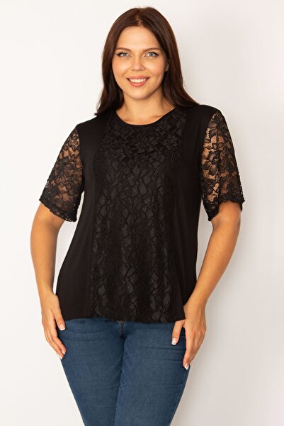Şans Women's Large Size Black Lace Detailed Blouse 65n34187
