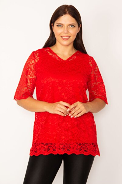 Şans Women's Large Size Red Undershirt Lace Blouse 65n34188