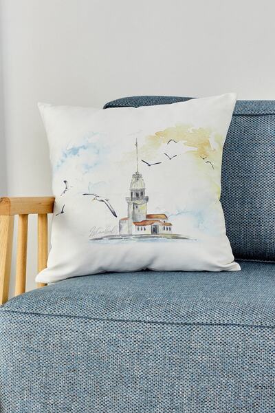 Karaca Home Maiden's Tower Ecru Patterned Throw Pillow with Inner Padding 45x45 Cm