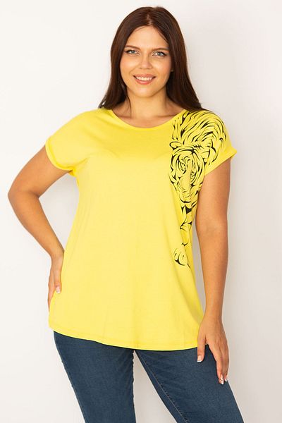 Şans Women's Large Size Yellow Print Detailed Viscose Blouse 65n34193