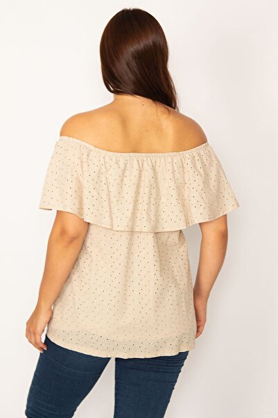 Şans Γυναικεία μπλούζα με υφασμάτινη επένδυση με επένδυση από ύφασμα, λαστιχένια και φλουριά γιακά μινκ με κεντητή τρύπα