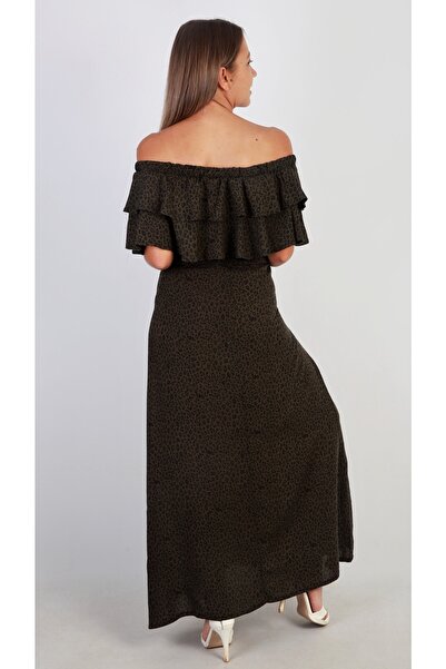 famous Carmen Yaka Fırfır Elbise Viskon