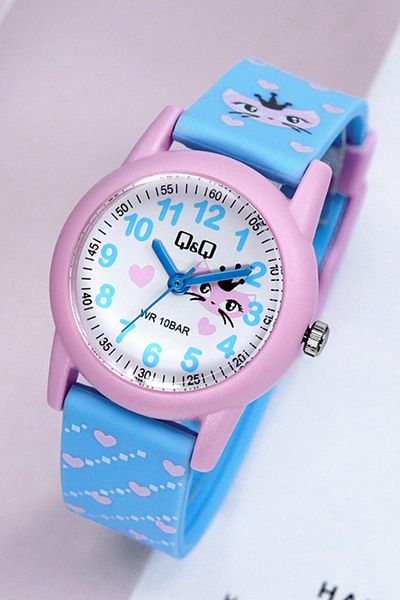 Q&Q 10 Atm Waterproof Blue Pink Girl's Wristwatch