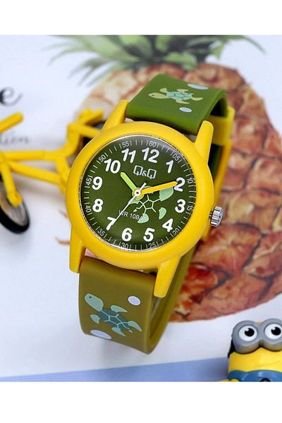 Q&Q 10 Atm Waterproof Yellow Green Girl-Boy Wristwatch