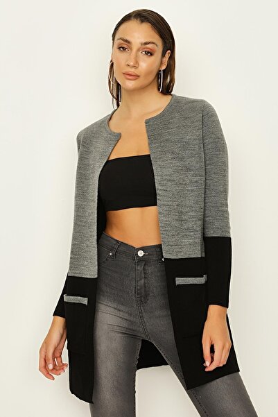 Select Moda Kadın Gri Renk Bloklu Cepli Triko Hırka