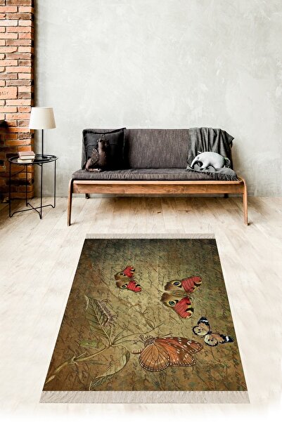 on the clouds Kelebekli Halı Kelebek Desenli Dijital Baskı Yıkanabilir Kaymaz Taban Leke Tutmaz Salon Halısı