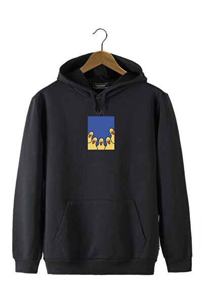 VEAVEN Unisex Siyah Kapüşonlu Önü Ördek Baskılı Slim Fit Kanguru Cepli Sweats...