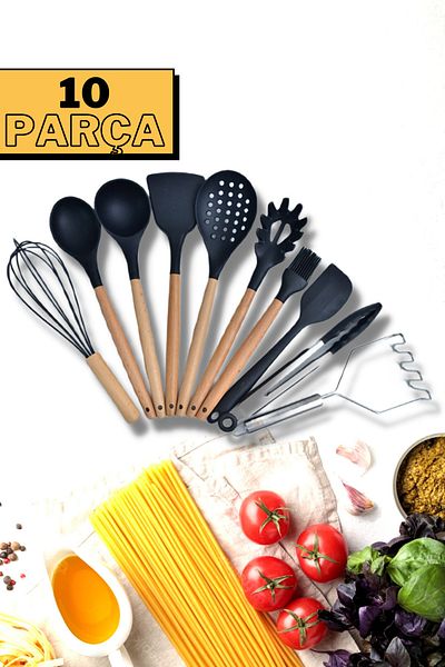 ÖzSa Home 10 Piece Silicone Ladle Colander Spoon Beater Potato Masher Bamboo Handle Kitchen Serving Set Set