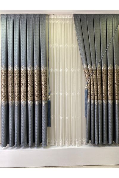 Fon Dünyası Panel Background Curtain Gray Blue Gold (single Wing)