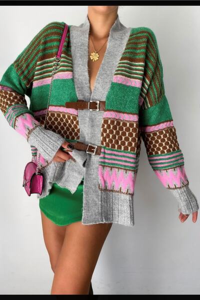 Suziş Women's Leather Detailed Gray Patterned Cardigan