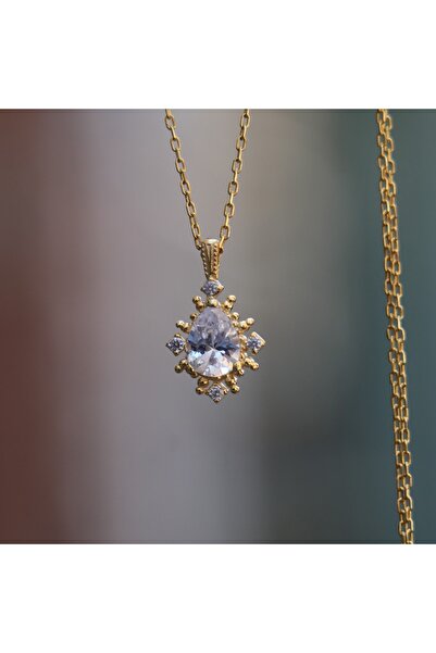 Moko Art Design Damla Kesim Mozanit Taşlı 925 Gümüş Altın Kaplama Kolye