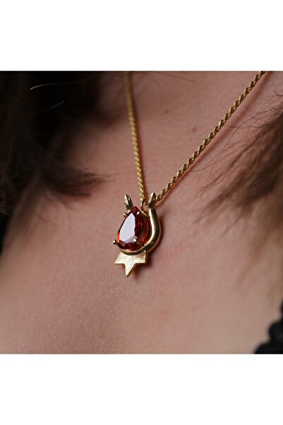 Moko Art Design Damla Kesim Garnet Taşlı Çift Başlı Yılan 925 Gümüş Altın Kaplama Kolye