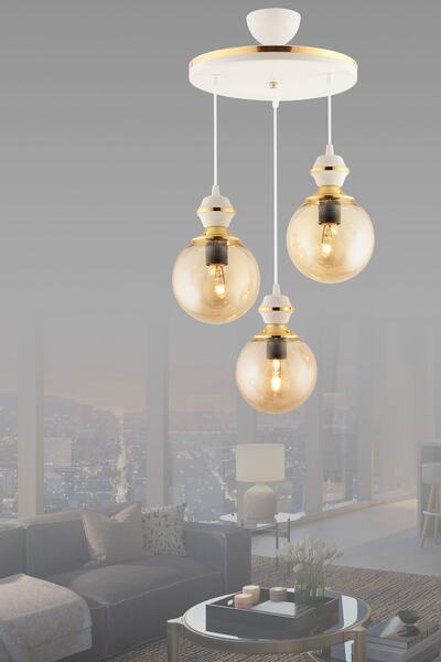 Genel Markalar Berru 3lü Tepsi Beyaza Gold Glop Camlı Lüks Salon Avizesi