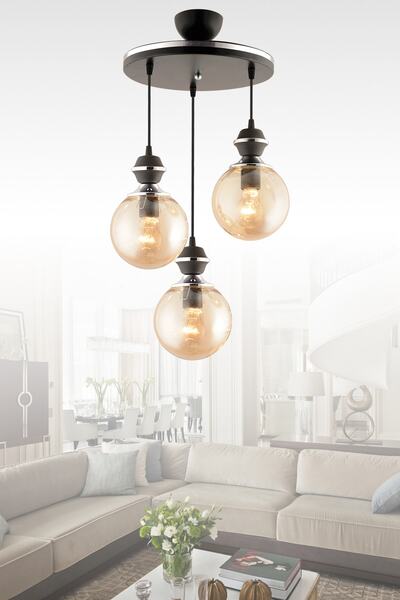 GYK LİGHT Berru 3lü Tepsi Siyaha Krom Bal Yuvarlak Camlı Modern Salon Avizesi