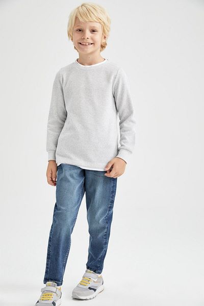 DeFacto Boy's Regular Fit Crew Lack μακρυμάνικη βάφλα αναστρέψιμη μακρυμάνικη μπλούζα