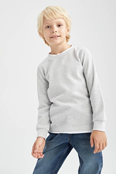 DeFacto Boy's Regular Fit Crew Neck Long Sleeve Waffle Reversible Long Sleeve T-Shirt