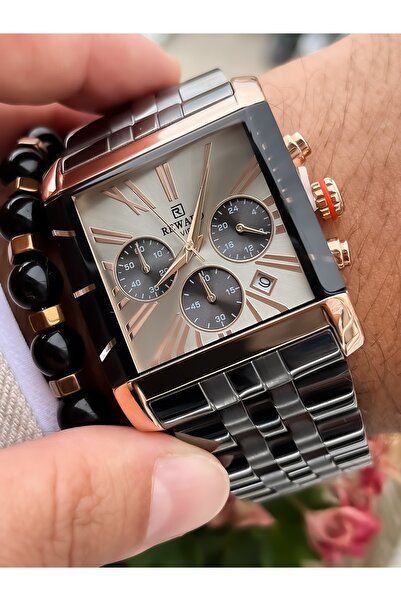 Reward Square Dial, Steel Strap, Smoked Color, Functional, Special Lock System Men's Wristwatch Bracelet