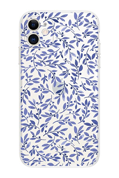 shoptocase Iphone 11 Şeffaf Mavi Yapraklar Desenli Telefon Kılıfı