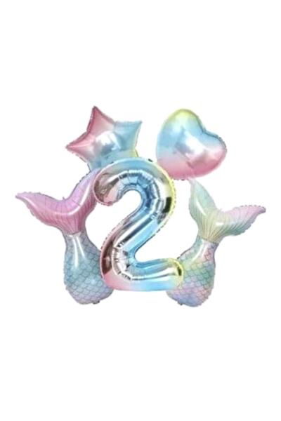 parti sürprizi Rainbow Mermaid Tail 2 Year Old Foil Balloon Set