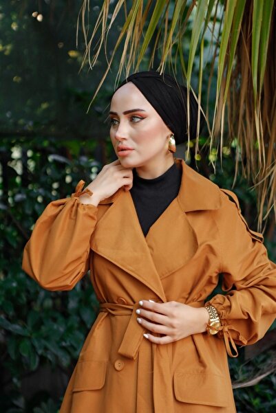 moda periy Kadın Modest Basic Kaliteli Mevsimlik Tarz Kolları Ipli Düğmeli Kuşaklı Tesettür Kap Trençkot