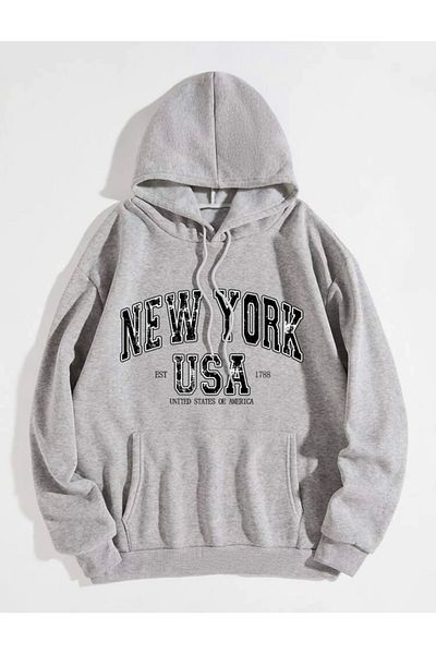 MOONBULL New York Printed Gray Hooded Oversize Sweatshirt