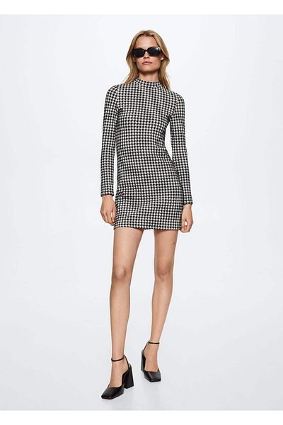 MANGO Woman Rochie din jacquard cu model Houndstooth