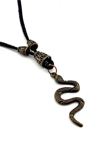 Solfera Antique Yellow Colored Snake Leather Metal Men's Necklace Q0584