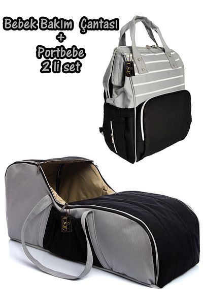 USF Unisex Black Light Gray Striped Baby Care Bag Carrycot Baby Carrier Stroller Set of Two