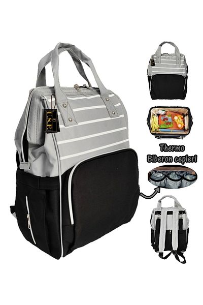 USF Unisex Black Light Gray Striped Baby Care Bag Carrycot Baby Carrier Stroller Set of Two