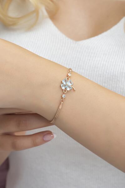 Nereze 925 Ayar Gümüş Rose Aquamarin Taşlı Yonca Bileklik